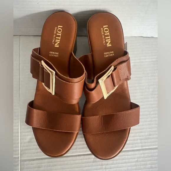 Lottini Italian Leather Brown Leather Wedge Sandals Gold Buckle Slides shoes 9 - Picture 2 of 6